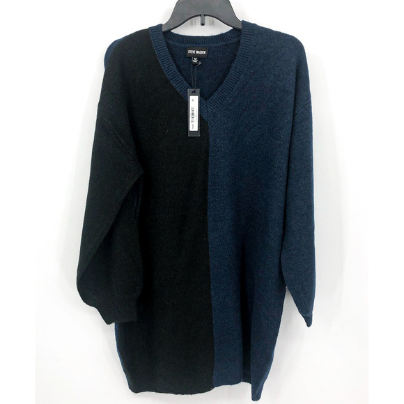 STEVE MADDEN Women's Colorblock V Neck Sweater Medium Blue/Black Long Sleeve NWT - Picture 2 of 7